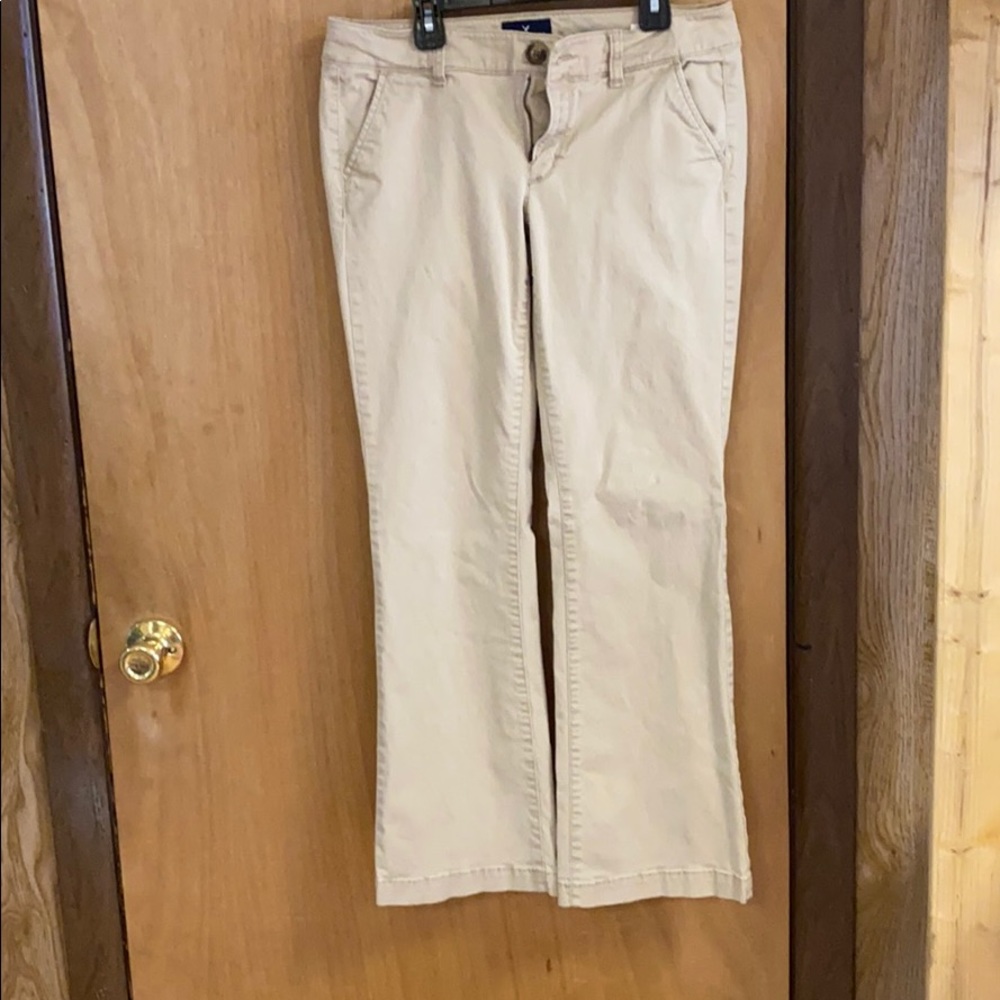 American Eagle kick boot khakis.